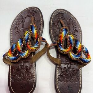 Beaded Brown Leather Thong Sandals with Multicolor Accents